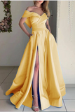 Promfast Stunning Sky Baby Blue off the Shoulder Pocket A Line Satin Prom Long Graduation Party Dress HZ0527