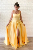 Promfast Yellow Sleeveless Split Long Prom Dresses, Sweep Train Evening Dress HZ0527