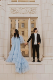 Promfast Elegant Spaghetti Straps Off The Shoulder Long Sleeves Tiered Tulle Sweep Train Prom Dresses HZ0527