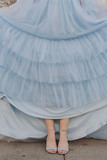 Promfast Elegant Spaghetti Straps Off The Shoulder Long Sleeves Tiered Tulle Sweep Train Prom Dresses HZ0527