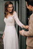 Promfast Elegant Chiffon A line Lace Wedding Dresses with Long Sleeves Gowns HZ0527