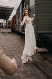 Promfast Elegant Chiffon A line Lace Wedding Dresses with Long Sleeves Gowns HZ0527