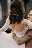 Promfast Elegant Chiffon A line Lace Wedding Dresses with Long Sleeves Gowns HZ0527