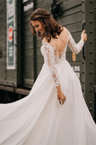 Promfast Elegant Chiffon A line Lace Wedding Dresses with Long Sleeves Gowns HZ0527