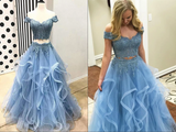 Promfast Blue Tulle Off Shoulder Two Piece Prom Dresses Lace Formal Dresses HZ0527