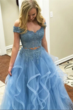 Promfast Blue Tulle Off Shoulder Two Piece Prom Dresses Lace Formal Dresses HZ0527