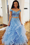 Promfast Blue Tulle Off Shoulder Two Piece Prom Dresses Lace Formal Dresses HZ0527
