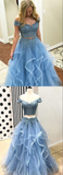 Promfast Blue Tulle Off Shoulder Two Piece Prom Dresses Lace Formal Dresses HZ0527