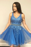 Promfast A line V neck Blue Short Prom Dress Homecoming Dress With Appliques HZ0527