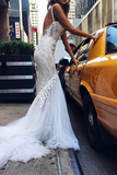 Promfast Luxurious Ivory Tulle Lace Mermaid Deep V Neck Wedding Dresses HZ0527