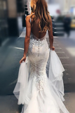 Promfast Luxurious Ivory Tulle Lace Mermaid Deep V Neck Wedding Dresses HZ0527