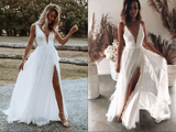 Promfast Boho Chiffon A line V neck Lace Spaghetti Straps Beach Wedding Dresses HZ0527