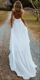Promfast Boho Chiffon A line V neck Lace Spaghetti Straps Beach Wedding Dresses HZ0527