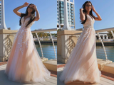Promfast A Line V Neck Pink Lace Long Prom Dress with Belt, Pink Lace Formal Dress, Pink Evening Dress HZ0527