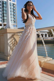 Promfast A Line V Neck Pink Lace Long Prom Dress with Belt, Pink Lace Formal Dress, Pink Evening Dress HZ0527