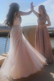 Promfast A Line V Neck Pink Lace Long Prom Dress with Belt, Pink Lace Formal Dress, Pink Evening Dress HZ0527