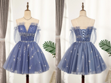 Promfast Flowy Cute A line Blue Homecoming Dresses Short Beading Prom Dress HZ0527