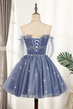 Promfast Flowy Cute A line Blue Homecoming Dresses Short Beading Prom Dress HZ0527