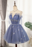 Promfast Flowy Cute A line Blue Homecoming Dresses Short Beading Prom Dress HZ0527