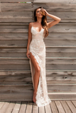 Promfast Sheath Ivory And Pink Floor Length Long Spaghetti Straps Backless Side Slit Prom Dresses Women Dresses HZ0527