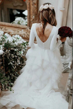 Promfast White A line Tulle Bateau Long Sleeves Court Train Wedding Dresses HZ0527
