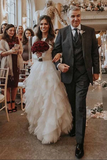 Promfast White A line Tulle Bateau Long Sleeves Court Train Wedding Dresses HZ0527