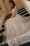 Promfast Glitter Silver Long Prom Dress with V Neckline for Sale HZ0527