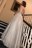 Promfast Glitter Silver Long Prom Dress with V Neckline for Sale HZ0527