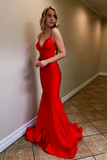 Promfast V Neck Mermaid Backless Red Long Prom Dress, Mermaid Red Formal Dress, Backless Red Evening Dress HZ0527