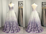 Promfast A Line Princess V neck Tulle Applique Sleeveless Floor Length V Back Prom Dresses HZ0527