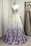 Promfast A Line Princess V neck Tulle Applique Sleeveless Floor Length V Back Prom Dresses HZ0527