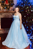 Promfast Light Blue Elegant Spaghetti Straps Plus Sizes Long Princess Prom Dresses HZ0527