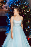 Promfast Light Blue Elegant Spaghetti Straps Plus Sizes Long Princess Prom Dresses HZ0527