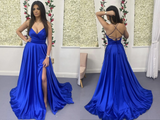 Promfast A Line V Neck Backless Royal Blue Satin Long Prom Dress, Open Back Royal Blue Formal Graduation Evening Dress HZ0527