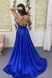 Promfast A Line V Neck Backless Royal Blue Satin Long Prom Dress, Open Back Royal Blue Formal Graduation Evening Dress HZ0527