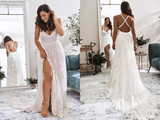 Promfast Elegant A Line V Neck Lace Ivory Beach Wedding Dresses with Slit, Bridal Gowns HZ0527