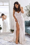 Promfast Elegant A Line V Neck Lace Ivory Beach Wedding Dresses with Slit, Bridal Gowns HZ0527