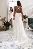 Promfast Elegant A Line V Neck Lace Ivory Beach Wedding Dresses with Slit, Bridal Gowns HZ0527