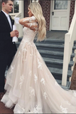Promfast Gorgeous Lace A line V neck Long Sleeves Wedding Dresses with Train HZ0527