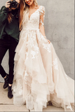 Promfast Gorgeous Lace A line V neck Long Sleeves Wedding Dresses with Train HZ0527