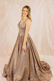 Promfast Glitter Spaghetti Straps V Neck Long Prom Dresses Women Dress HZ0527