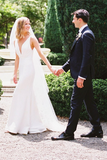 Promfast Elegant Sheath V Neck Off White Wedding Dresses, Simple Beach Wedding Gown HZ0527
