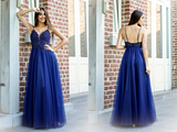 Promfast Exquisite Spaghetti Straps A line Prom Dresses Tulle Appliqued Gowns HZ0527