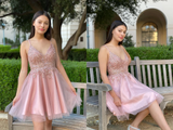 Promfast Pretty A Line Pink Beadeing Homecoming Dress, Short Spaghetti Straps Prom Dress HZ0527