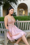 Promfast Pretty A Line Pink Beadeing Homecoming Dress, Short Spaghetti Straps Prom Dress HZ0527
