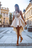 Promfast Simple High Low V Neck Lace Satin Homecoming Dresses Straps Short Cocktail Dresses HZ0527