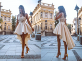 Promfast Simple High Low V Neck Lace Satin Homecoming Dresses Straps Short Cocktail Dresses HZ0527