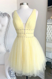 Promfast Cute yellow v neck tulle beads short prom dress yellow homecoming dress HZ0527