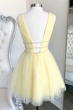 Promfast Cute yellow v neck tulle beads short prom dress yellow homecoming dress HZ0527