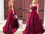 Promfast A line Long Taffeta Spaghetti Straps Prom Dresses With Pockets HZ0527